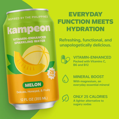 Melon-12oz Pack 6) Kampeon Filipino inspire sparkling water, Can | Flavored Sparkling Water with Vitamin C, Magnesium