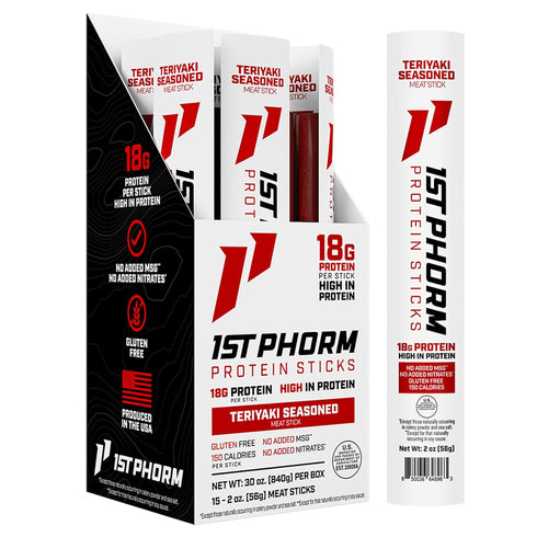 1st Phorm Meat Sticks, Teriyaki Seasoned Protein Snacks, 18g Protein Per Serving,
