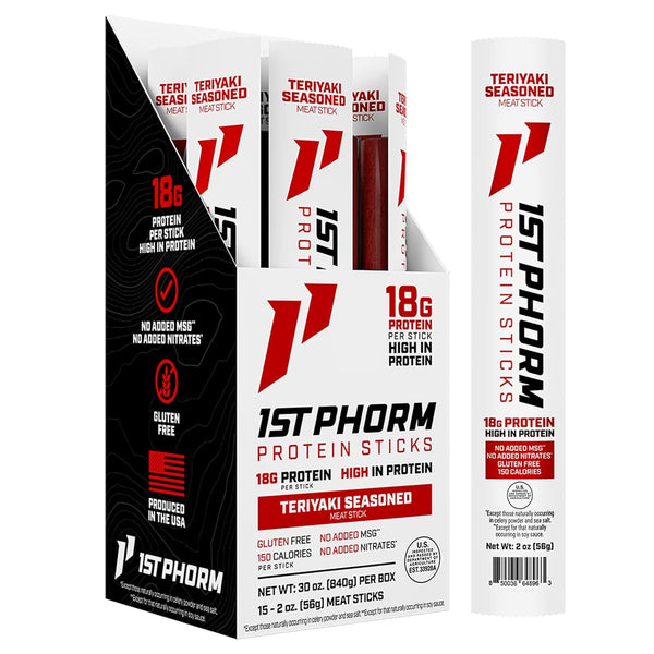 1st Phorm Meat Sticks, Teriyaki Seasoned Protein Snacks, 18g Protein Per Serving,