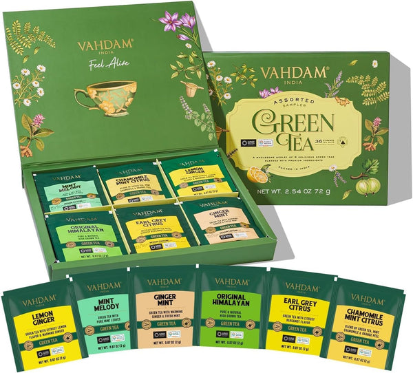 VAHDAM, Green Tea Variety Pack Sampler Assortment (36 Pyramid Tea Bags, 6
