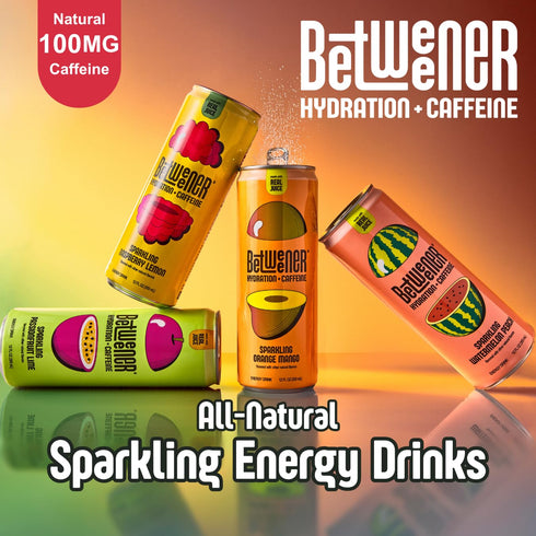 100mg 45 Pack (12 Pack) Betweener Sparkling Energy Seltzer, Sparkling Water w/Real Juice & Caffeine, Light