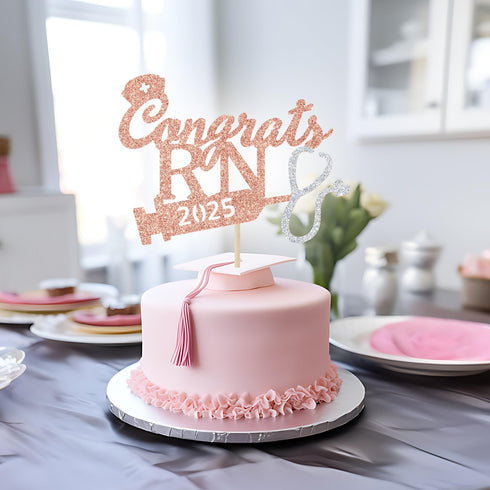 Rose Gold Glitter Congrats RN 2025 Cake Topper, 2025 Graduation Party Decoration