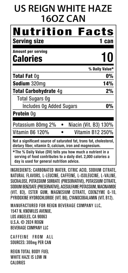 16 Oz Pack 12 Reign Total Body Fuel, White Haze, Fitness & Performance Drink, Fl |