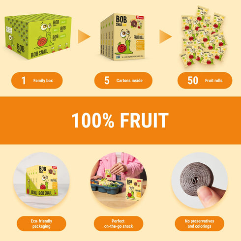 50 500g Bob Snail Apple-Pear Fruit Roll Ups Healthy Sweets Snacks, Real Dried Fruits, No Added Sugar, Vegan, Nut Free
