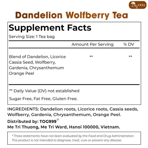 TOG999, 9 Organic Dandelion Wolfberry Tea, Herbal Ingredients, Traditional Recipe Tea for Kidney & Liver, Natural