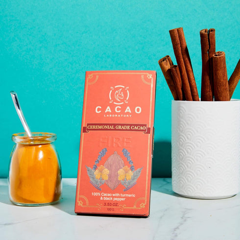 Cacao Lab 100% (3.53 oz) Single-Origin Ceremonial Cacao | Fire Blend: ceremonial-grade cacao with turmeric and black