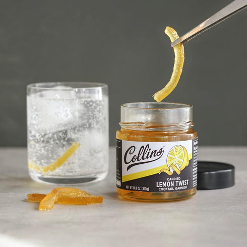 10.9 oz Collins Candied Lemon Twist Cocktail Garnish, Sweet Lemon Peel in Syrup for Skinny Margaritas, Limoncello
