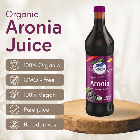 23.7 Oz 100% Aronia Original Organic Aronia Berry Juice Fl - Pure Chokeberry Juice, Not from Concentrate, Amber Glass