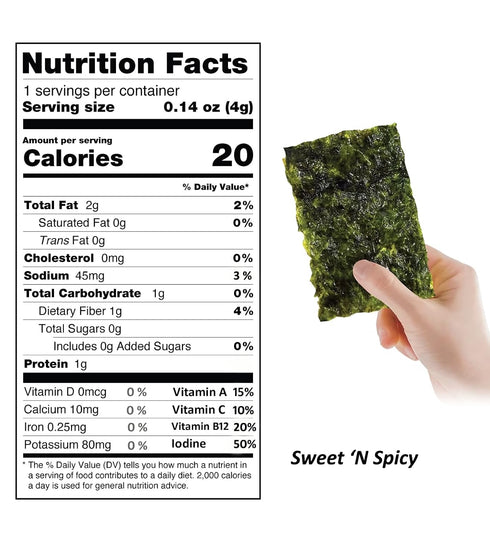 KIMNORI Organic Sweet 'N Spicy Seasoned Seaweed Snacks Sheets, 12 Individual Packs, 4g 100% Natural Laver