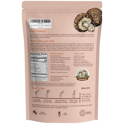 6 Immune 20 1 Pack Bunkell Mushroom Chai, Adaptogenic Mushrooms with Lion's Mane, Reishi, Cordyceps, Shiitake, King