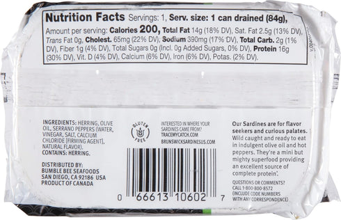 3.75 oz (Pack 12) 16g Brunswick Sardines in Olive Oil with Hot Peppers, Can of - Boneless Butterflied Sardine Fillets