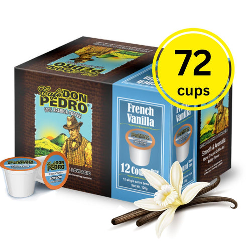 100% 72 Cafe Don Pedro French Vanilla Low Acid Coffee Pods, Arabica K Cups, Naturally Low Acid Coffee K Cups, Battles