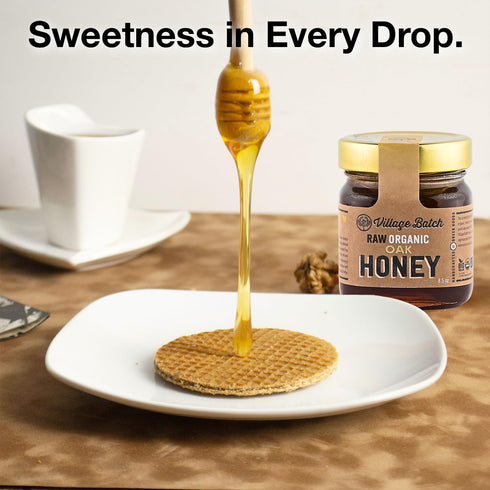 8.5oz (Pack 1) Village Batch Raw Organic Oak Honey Jar of from Foloi Oak Forest, Dark Amber, Rich Caramel and Toffee