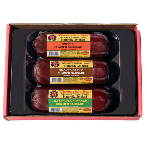 Summer Summer Wisconsins Best - Sausage Gift Box | Smoked, Garlic & Jalapeo Cheddar Sausages | Perfect for Parties