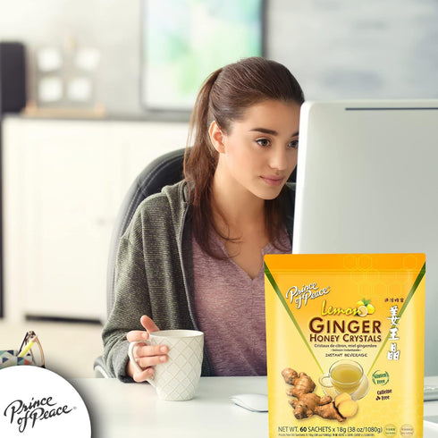 60 Prince of Peace Instant Ginger Honey Crystals with Lemon, Sachets Instant Hot or Cold Beverage Easy to Brew Drink