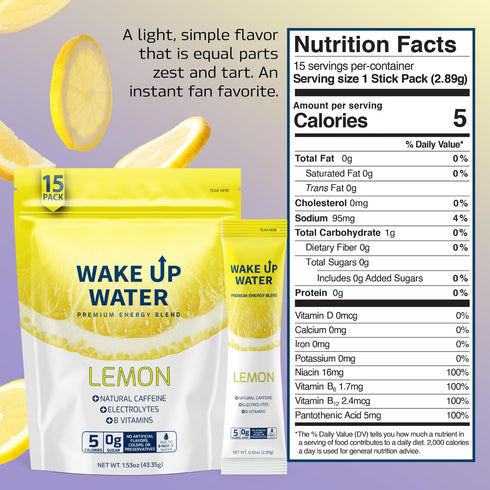 Wake Up Water - Energy + Hydration Sugar Free 15 Packet, Lemon Flavor Electrolytes Powder Drink, Gluten Free