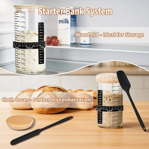 Ljrswda 48 Oz (2 Extra Large Sourdough Starter Jar Kit, Wide Mouth Thickened Glass Container With Date Marked Band