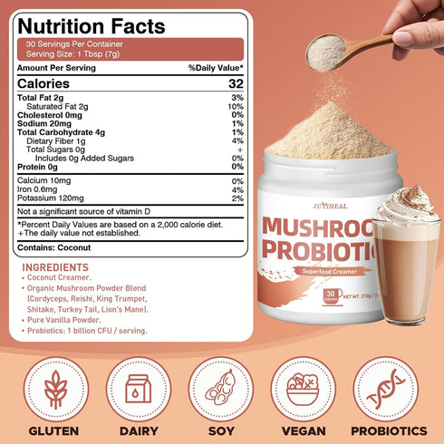 210g 6 JUYIHEAL Mushroom Coffee Creamer, Mushroom Probiotic Coffee Creamer with Adaptogenic Mushrooms, Cordyceps