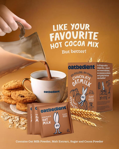 10 oz 12 Oatbedient Chocolate Oat Milk Powder, Sachets, Non-Dairy Milk Powder, NGMO, Vegan, No Preservatives, Lactose