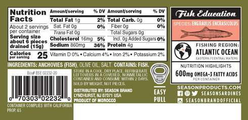 600mg Omega-3-2 12-Pack Season Anchovies in Olive Oil - Flat Anchovy Fillets, Wild Caught Fish, Keto Snacks, Canned