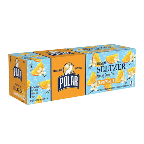 100% 3 (36 Pack) Polar Seltzer Water Orange Vanilla Natural Sparkling Soda Beverage Soft Drink Cans - Cases