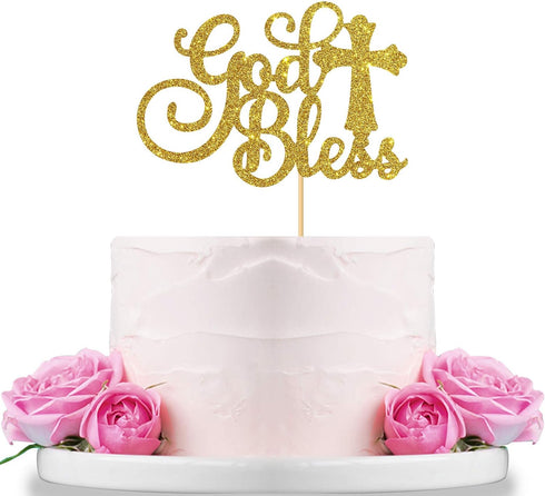 WeBenison God Bless Cake Topper, Gold Glitter for First Communion Baby Shower Party Decorations