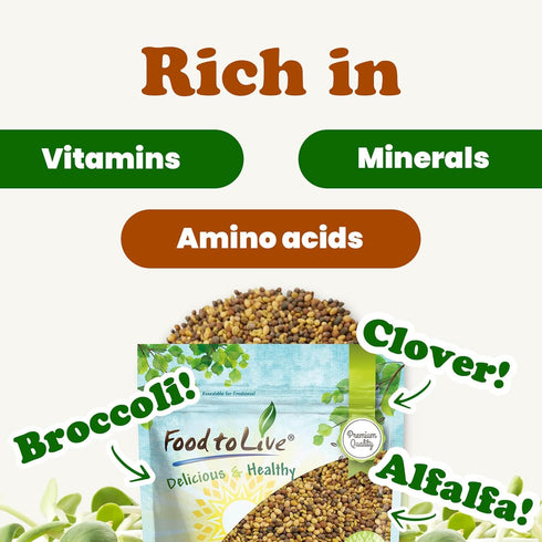 8 Food to Live - Antioxidant Mix of Sprouting Seeds, Ounces - Broccoli, Clover, Alfalfa, Kosher, Raw, Vegan