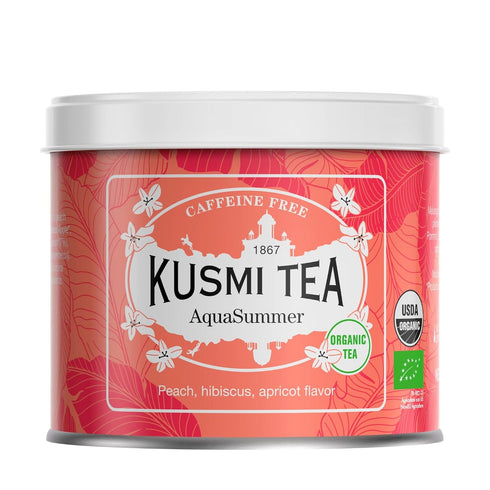 Kusmi Tea AquaSummer, Organic Blend of Hibiscus, Apple, Apricot & Peach, Caffeine Free Herbal Tea, 3.5 oz Tin