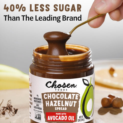 100% 40% Oil,12 oz 2-Pack Chosen Foods Chocolate Hazelnut Spread - Made with Pure Avocado Oil, Simple Ingredients, Less