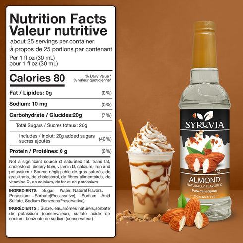 25.4 oz, Syruvia Almond Syrup, Natural Flavors, Syrup for Drinks, Lattes, and Desserts fl