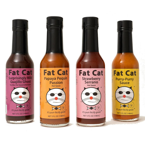 Pack Set Mild Heat Natural Hot Sauce Four Bottle Gift Box Variety Bundle by Fat Cat Gourmet | Mild to Medium Heat