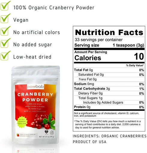 100% (3.5 Oz) powbab Cranberry Powder from USA Grown Organic Dried Cranberries. No Added Sugar. Pure Fruit, Unsweetened