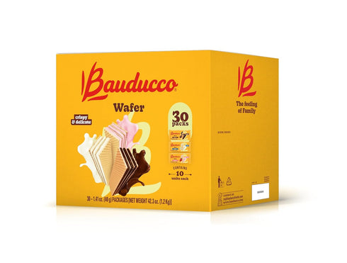 Bauducco Wafer Single-Serve Box Crispy Wafers in Chocolate, Vanilla, and Strawberry Flavors,