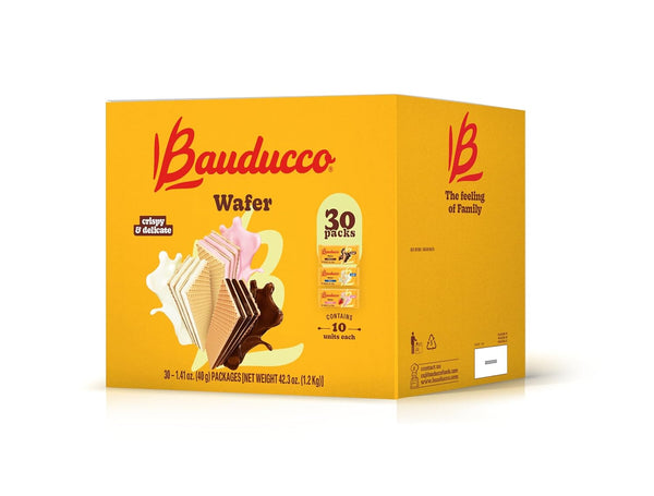 Bauducco Wafer Single-Serve Box Crispy Wafers in Chocolate, Vanilla, and Strawberry Flavors,