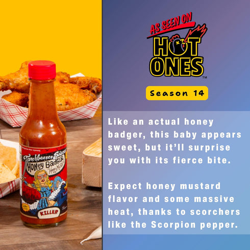 5oz, 8 Torchbearer Sauces Honey Badger Hot Sauce Scorpion and Carolina Reaper Peppers Sauce, Heat level - Featured on