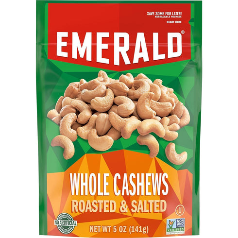 Emerald Nuts, Whole Cashews Roasted & Salted, 5 Oz Resealable Bag (Pack