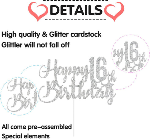 Silver Glitter Happy 16th Birthday Cake Topper - 16th Birthday Party Decoration, 16th Birthday Cake Topper