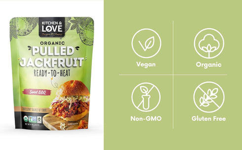 90 8 Oz (Pack 3) Kitchen and Love, Jackfruit Sweet BBQ, Organic, Fully Cooked, Versatile Plant Based Meat Alternative