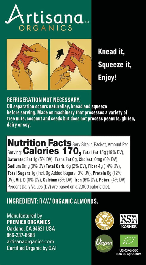 Packs (10 Pack) 1.06oz Artisana Organics Raw Almond Butter Snack | No Sugar Added, No Palm Oil, Vegan, Paleo, and Keto