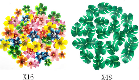 64Pcs Tropical Palm Leaves and Hawaii Flowers Cupcake Toppers for Jungle Summer Party Birthday Wedding Cake Decor