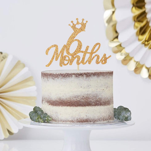 Gold Glittery 6 Months Cake Topper for Baby's Half Year Old Birthday Party, 1/2 Birthday, Baby Shower Decorations