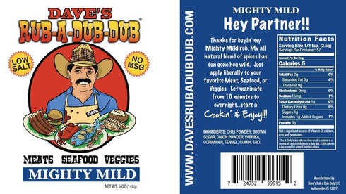 Dave's Rub a Dub Dub 5 OZ 6 Pack Mighty Mild BBQ Dry Rub Seasoning Low Sodium Spice Blend for Meats Seafood Veggies