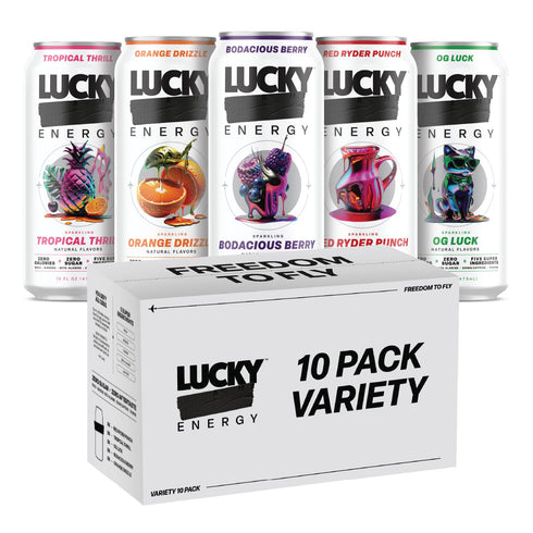 Lucky Energy Sugar Free Energy Drinks, Variety Pack, 16oz Cans (10-Pack) Healthy,