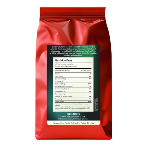 50% 2 Pacific Pelican Iodized Lite Italian Sea Salt, Less Sodium, Coarse Grain, Pound, Natural & Organic; best