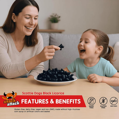 2lb Snack Attack Black Licorice Scottie Dogs Soft Chewy Candy with Real Licorice Root & Pure Anise, All-Natural, Gluten