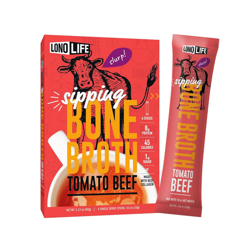 LonoLife Tomato Beef Bone Broth Powder Mix, Grass-Fed, 10g Protein, Collagen-Rich, Keto & Paleo Friendly, 4 Stick Packs