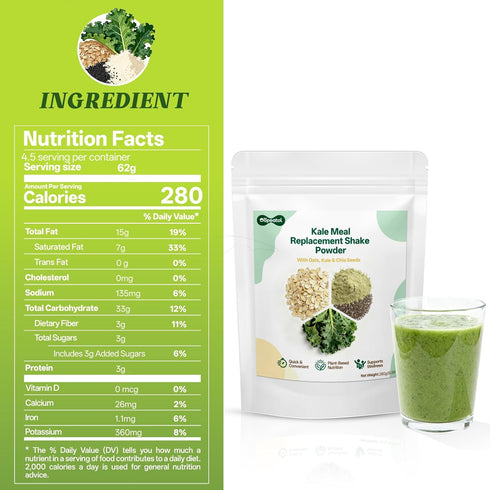 Nutrient-Dense Kale Meal Replacement & Superfoods Powder | with Oats, Chia Seeds, Freeze-Dried Kale for Daily Vitamins