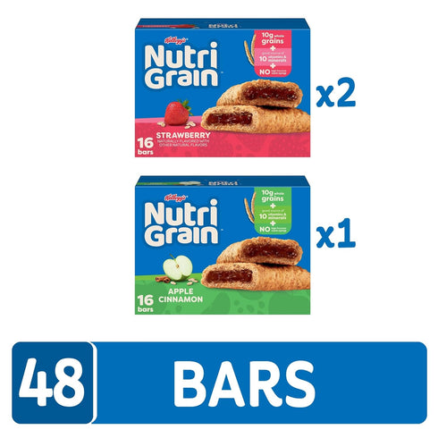 10g Pack (3 48 Count) Nutri-Grain Breakfast Bars, Made with Whole Grains, Snack Bars, Variety Boxes