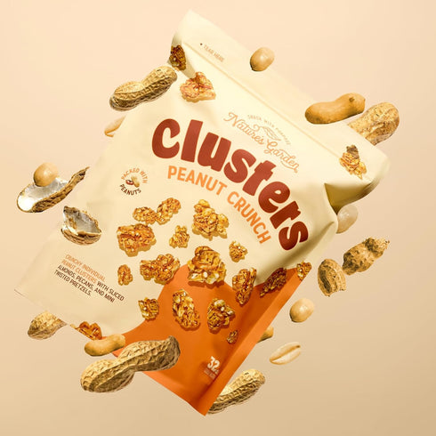 32oz Natures Garden Clusters Peanut Crunch, Pouch Big Chunky Nut & Pretzel Snack Bites with Almonds, Pecans Crunchy