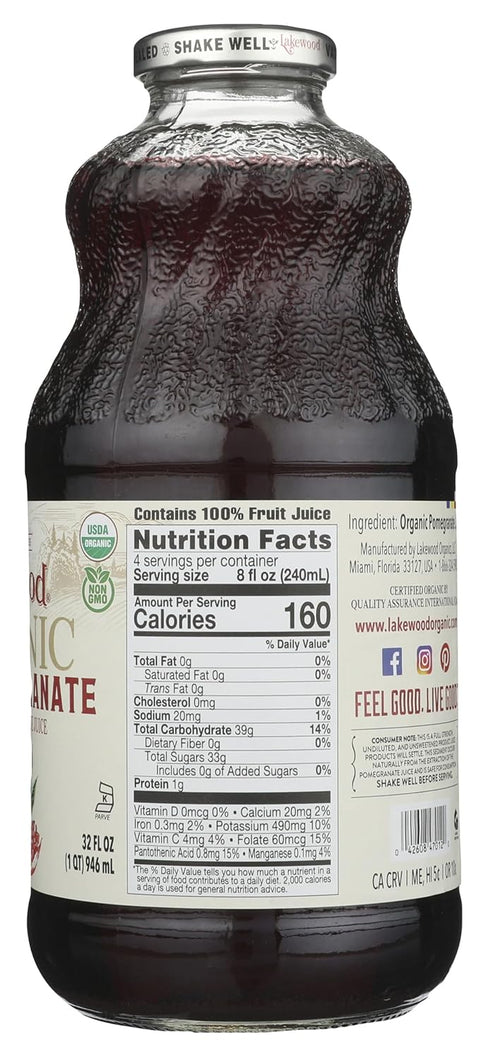 32 Oz Lakewood, Organic Pure Pomegranate Juice, Fl Bottle